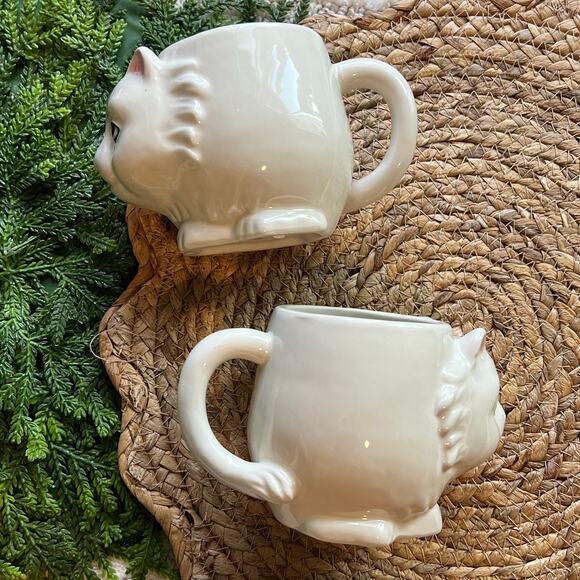 Urban Outfitters 3D Cat Mug Kitten White Coffee Tea Cup Ceramic Stoneware Set/2 - Picture 1 of 16